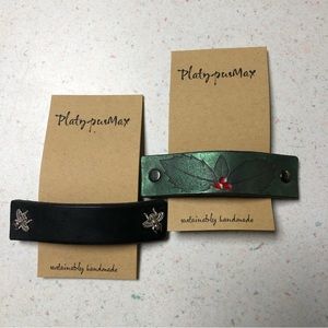 2 leather hair barrettes new Christmas holly and bees patterns Platypus Max